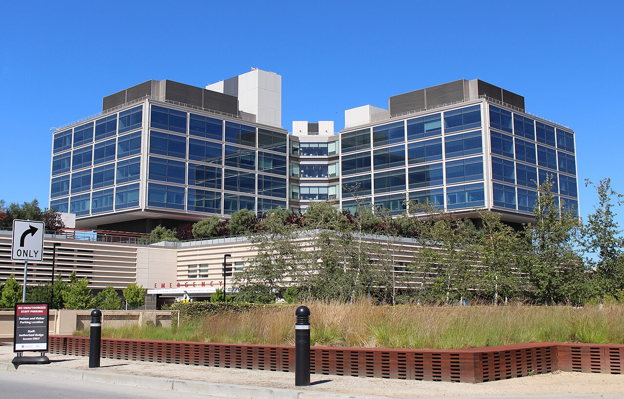 Stanford Hospital at 500 Pasteur Drive, adjacent to the Falk Cardiovascular Research Center